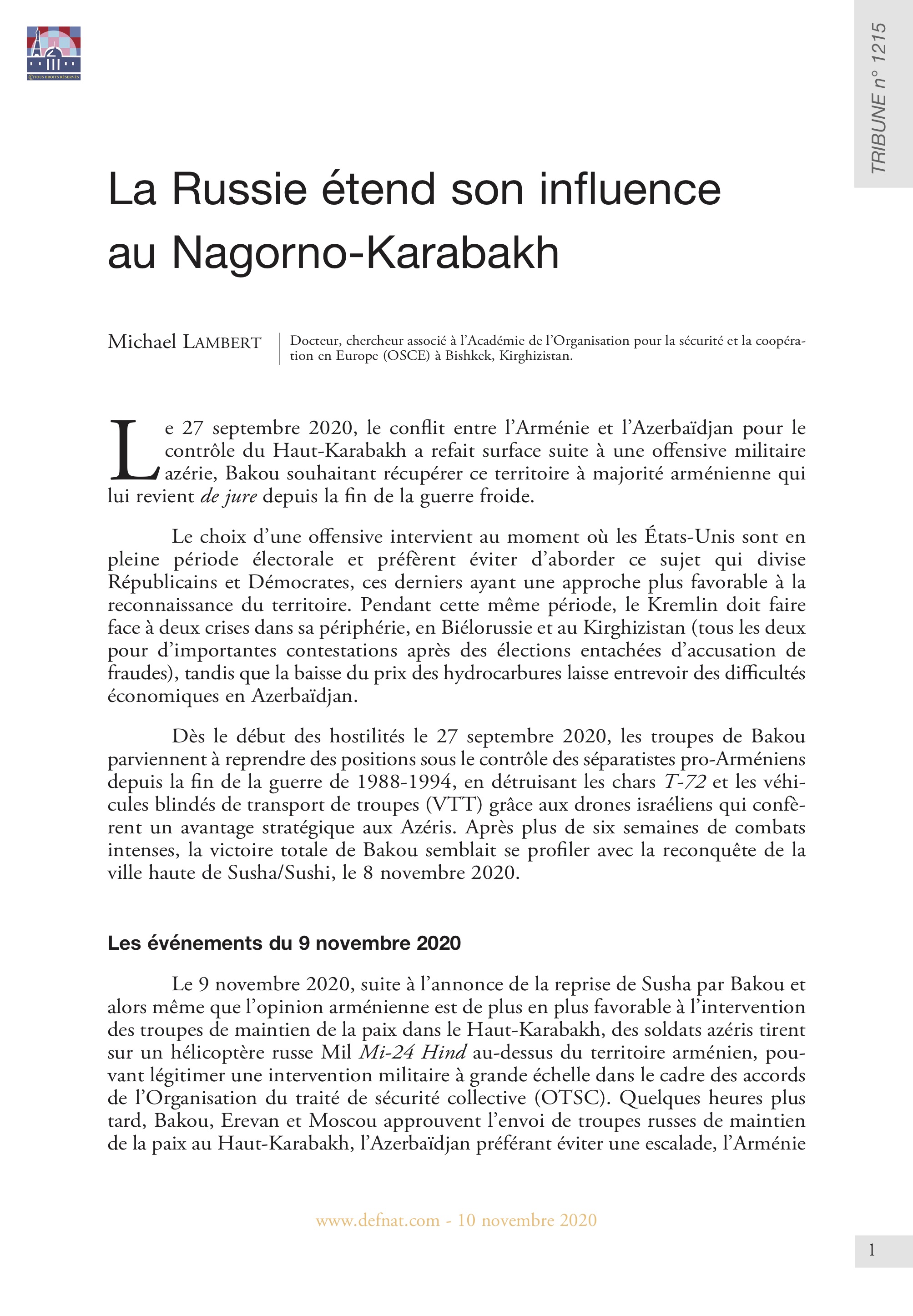 La Russie étend son influence au Nagorno-Karabakh (T 1215)
